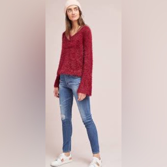 Anthropologie Maeve v-neck eyelash sweater medium petite MP pink red burgundy - Picture 11 of 14